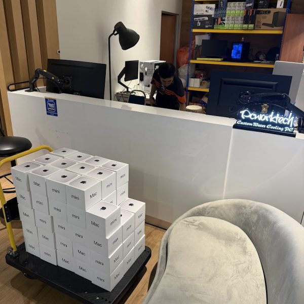 PCWorkTech service counter and workspace with computer equipment and inventory